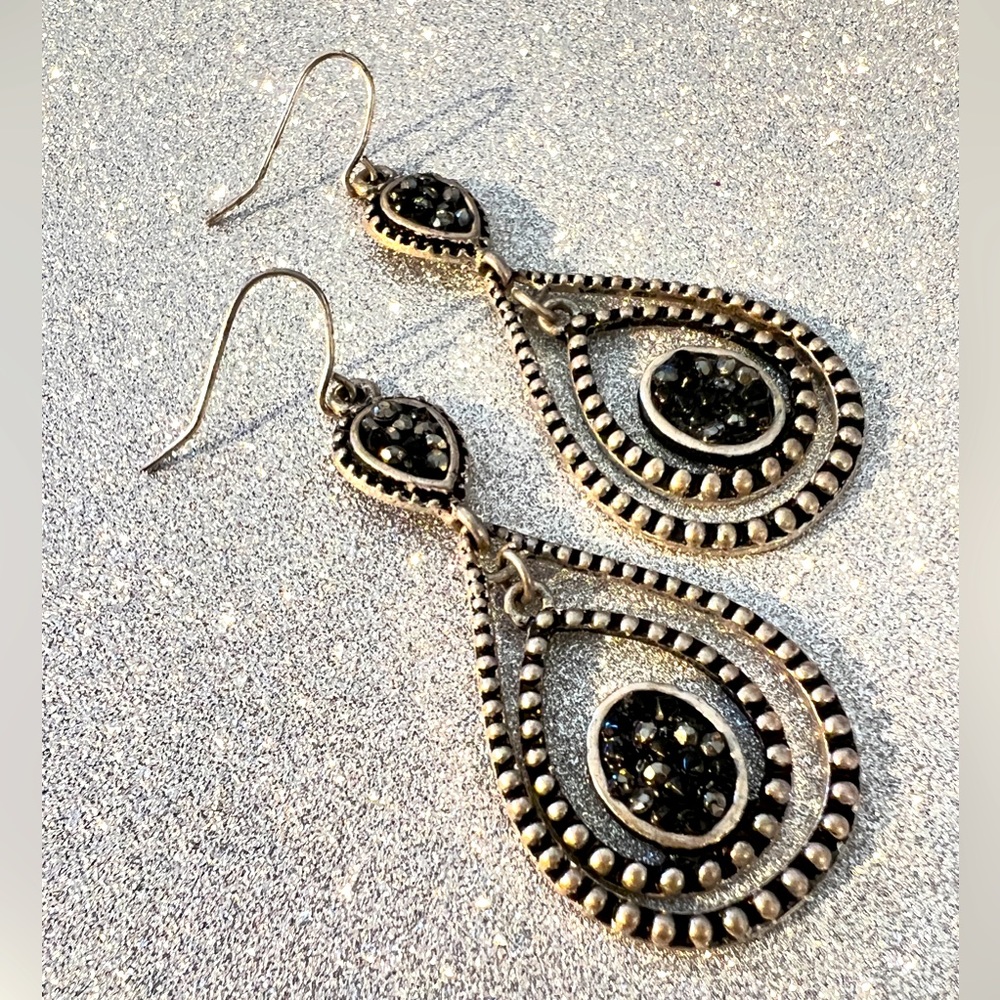 Black Druzy Silver Drop Earrings w/Double Floating Teardrop~Vintage Inspired 🖤